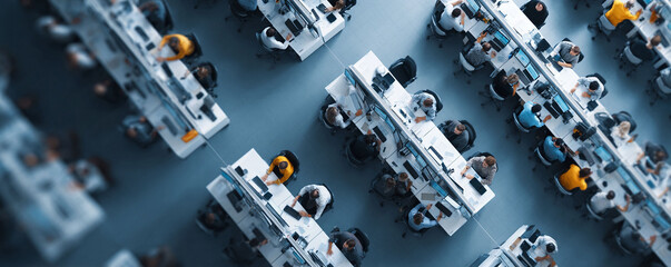 Highangle view of a modern office with employees working at desks, conveying teamwork, productivity, and a collaborative work environment. Ideal for corporate and business themes.