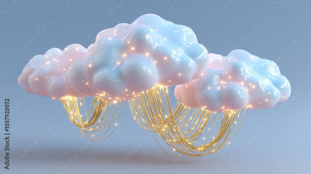 Poster cloud memory, a digital artwork depicting a network of ethereal clouds interconnected by glowing ele