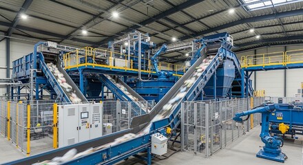 Automated plastic recycling facility with conveyor belts and robotic arms sorting waste, illustrating modern sustainability and industrial efficiency in waste management.