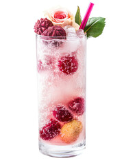  Lychee Rose Mocktail - Lychee rose mocktail in a tall glass with lychee fruits and rose petals on transparent background