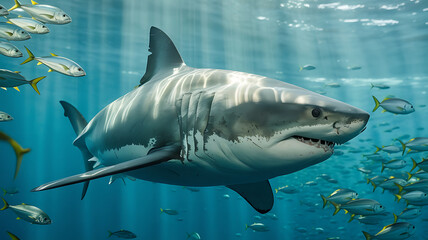 Fototapeta premium Powerful great white shark in ocean, surrounded by smaller fish. 