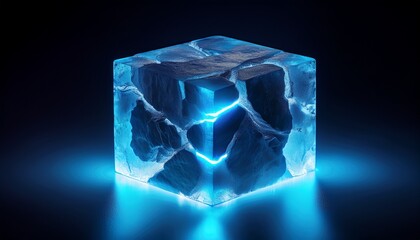 a glowing block of stone with cracks and vibrant blue water inside