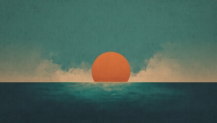 A stylized sunset over a calm sea, depicted with muted teal and orange tones on a textured background, suggesting a vintage or nostalgic feel