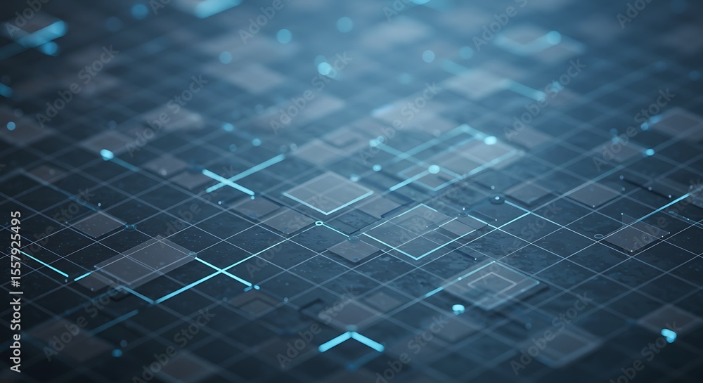 Poster abstract digital grid pattern with glowing blue lines and squares, suggesting technology and data.