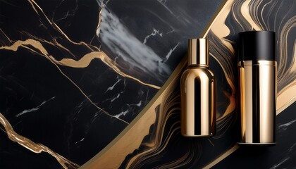 high end cosmetics bottle on marble background with golden accents and black gold trim