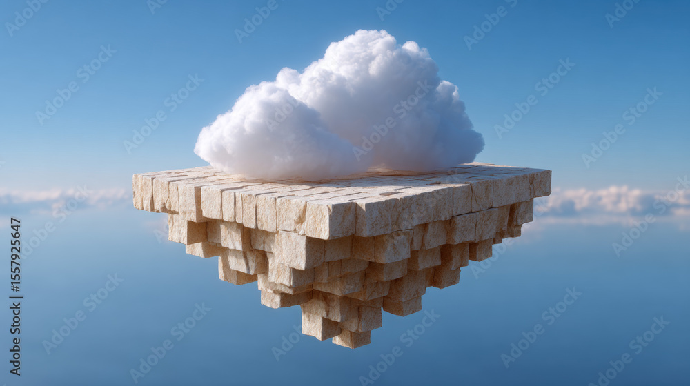 Poster cloud memory, surreal floating island resembling a cloud, featured in a dreamy and imaginative lands