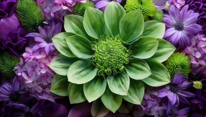 close up of a vibrant green pom pom flower surrounded by a profusion of purple and green blossoms in a beautiful floral arrangement