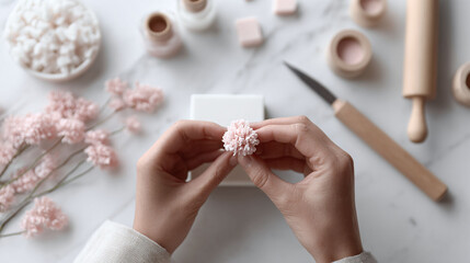 Hands delicately crafting a pink clay flower. Represents creativity, detail, and artistry. Perfect for tutorials, DIY projects, or artisanal businesses. Soft, pastel tones.