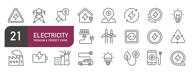 Set of line icons related to electricity, electrical, energy. Outline icons collection. Editable stroke. Vector illustration