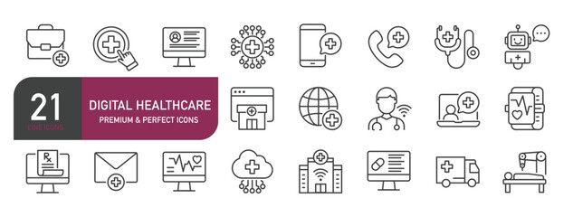 Set of line icons related to digitla healthcare, telemedic, healthcare. Outline icons collection. Editable stroke. Vector illustration
