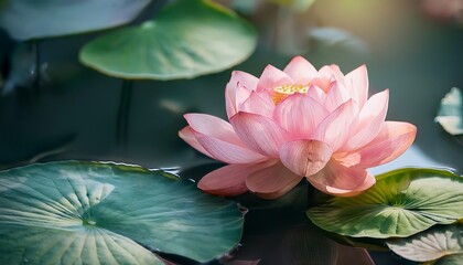elegant pink lotus flower with large green leaves blossoming in tranquil pond water