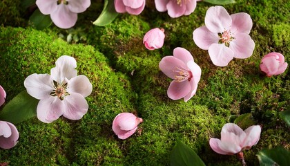 spring moss and pink blossoms flat lay in nature