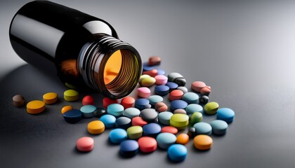 a dark bottle rests on a gray surface surrounded by a scattering of colorful pills creating a mysterious and intriguing scene