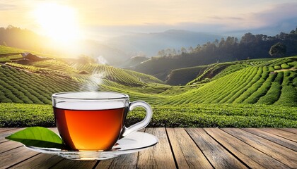 cup of hot tea and tea leaf on the wooden table and the tea plantations background