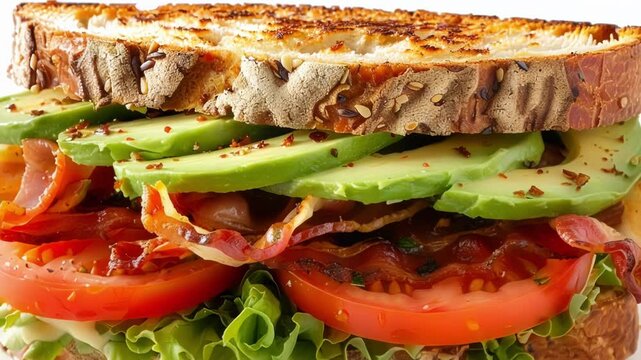 Indulge in a mouthwatering blt sandwich with crispy bacon, fresh lettuce, juicy tomatoes, and creamy avocado on toasted bread. Satisfy cravings with this delicious meal