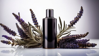 black perfume bottle with lavender and tea leaves on white background