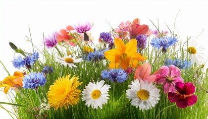 meadow grass with colorful flowers isolated on white