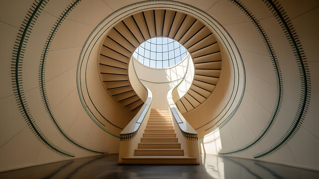 Circular staircase, light-filled interior, architectural design.
