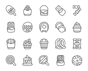 Hand Drawn Snack and Dessert Icon Set – Doodle Style Chips, Cupcake, Donut, Burger, Fries, Waffle, Candy, Lollipop, Cookie, Pretzel, Pancake, Chocolate, Ice Cream, Fast Food Icons