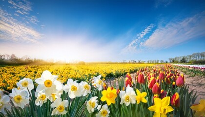 tulip and daffodil flowers in sunny field with blue sky background spring season