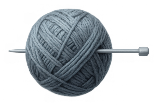Woolen yarn ball with sharp metal knitting needle penetrating soft gray fiber, preparing crafting project