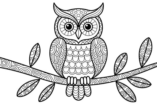 Detailed owl perched on a decorated branch.
