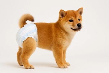 Shiba Inu Puppy Wearing Diaper Indoors
