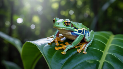 Fototapeta premium Colorful frog sits on a green leaf. 