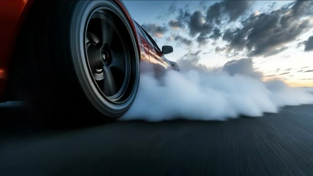 Two tires are on a wet road with smoke coming out of them. The tires are positioned in front of a mountain range