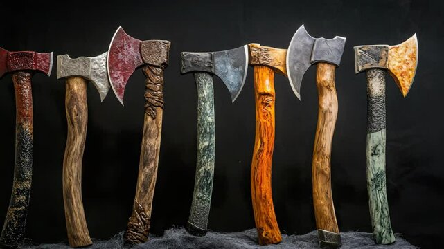 A row of axes with different colors and sizes