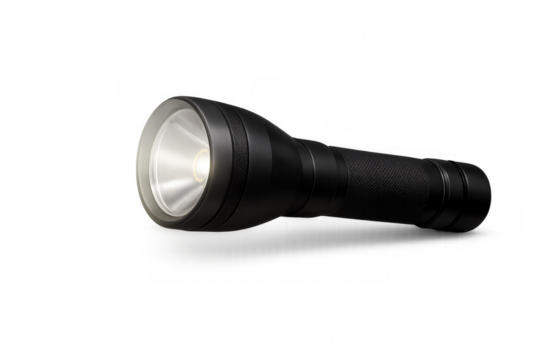 Black flashlight switched on, emitting a bright light beam against a transparent background, perfect for outdoor adventures and emergencies