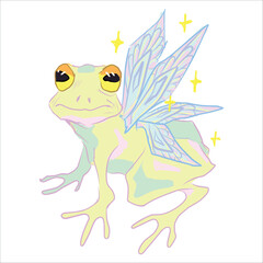 Frog with butterfly wings. Fairytale mystical creature. Fairy. Magical shimmer, stars. Nice gentle colors. Vector, hand-drawn illustration. Print for clothes, sketchbooks, cups.Sticker and logo design