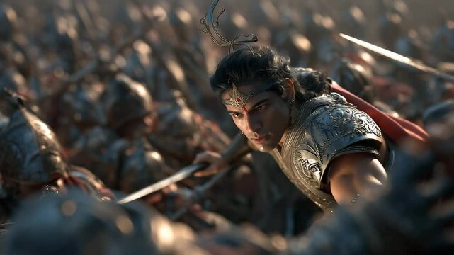 Photorealistic depiction of Abhimanyu in a fierce battle, surrounded by warriors. The mood is intense and dramatic, reflecting the epic struggle from the Mahabharata, Chapter 6.