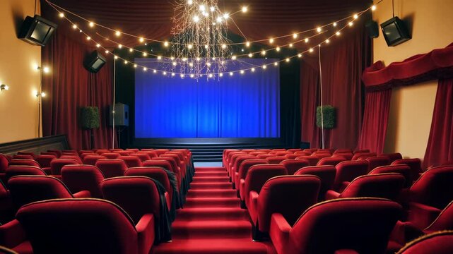 A movie theater with a red and black color scheme. The seats are empty and the lights are on