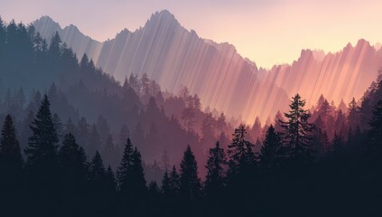 Obraz premium Serene sunset over a vast, misty mountain range cloaked in a dense evergreen forest, exhibiting a calming palette of purples, pinks, and blues