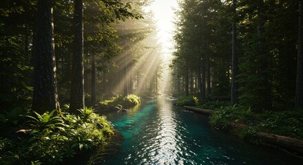 Obraz premium A river flowing through a dense forest with sunlight streaming through the canopy creating a serene scene