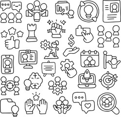 Leadership, Teamwork, and Startup Icon Set – Hand Drawn Doodle Style Icons of Collaboration, Communication, Innovation, Strategy, Brainstorming, Business Goals, Motivation, and Team Management Tools