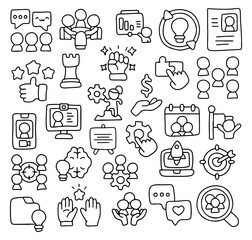 Leadership, Teamwork, and Startup Icon Set – Hand Drawn Doodle Style Icons of Collaboration, Communication, Innovation, Strategy, Brainstorming, Business Goals, Motivation, and Team Management Tools