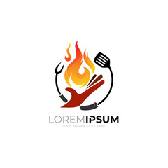 fire and hand logo, food logo in a grilled restaurant, cutlery logos