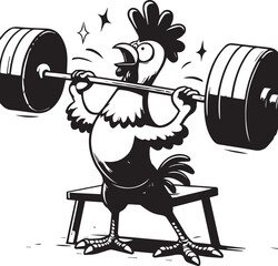 A strong cartoon chicken is lifting weights in a black and white graphic, showcasing fitness and humor with a transparent background.