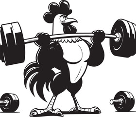 A strong cartoon chicken is lifting weights in a black and white graphic, showcasing fitness and humor with a transparent background.