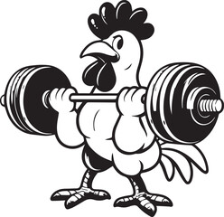 A strong cartoon chicken is lifting weights in a black and white graphic, showcasing fitness and humor with a transparent background.