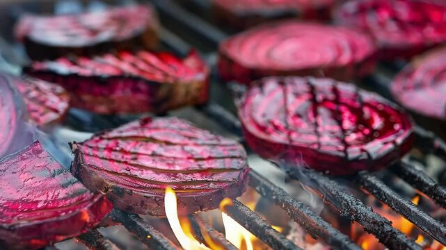 Delicious and healthy beetroot slices are grilling on a hot barbecue grill, with smoke coming from below the hot metal grate