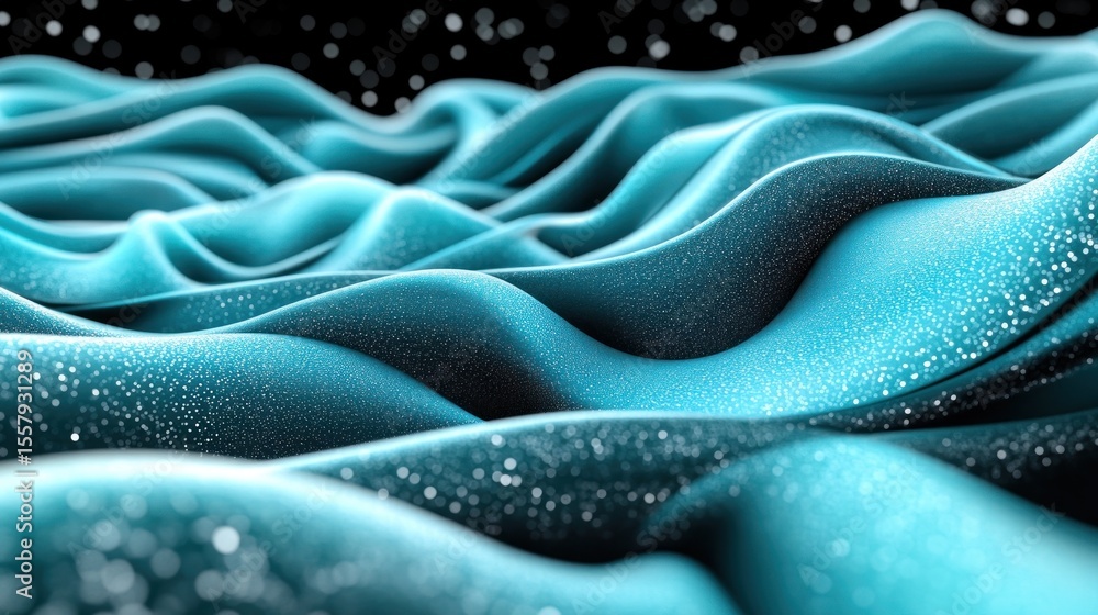 Poster abstract turquoise waves with sparkling bokeh against dark backdrop