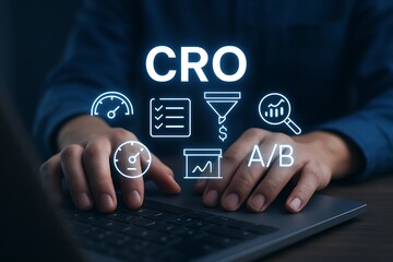 Person typing on laptop with conversion rate optimization icons hands keyboard
