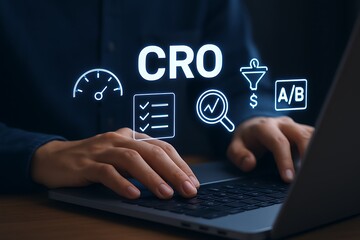 Person typing on laptop with conversion optimization icons hands keyboard