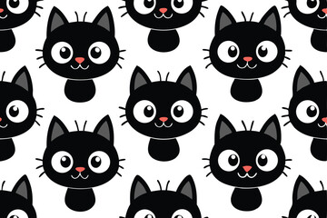 Seamless Pattern of Cute Cartoon Black Cats with Pink Noses