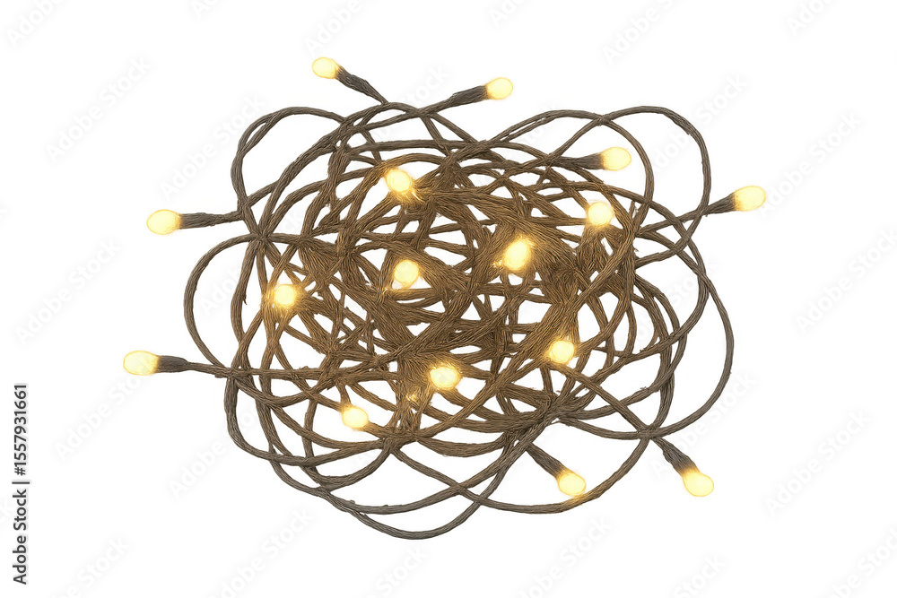 Poster soft white string lights intertwining, generating warm, intimate lighting against transparent backdr
