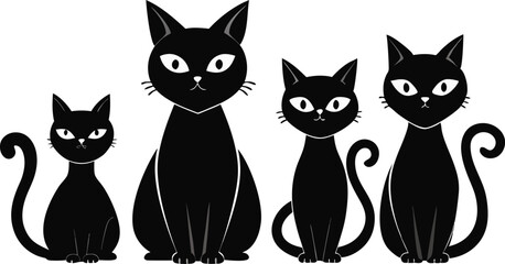Four Black Cats Sitting in a Row on a White Background