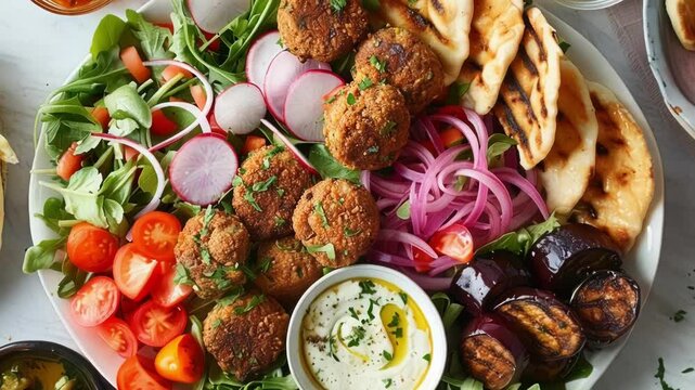 Delicious vegetarian mezze platter is being served with fresh salad, dips, and warm pita bread. This vibrant spread is perfect for sharing with friends and family